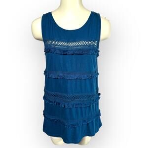 Ann Taylor LOFT (S) Tank Top Blue Crochet Fringe A-Line Cotton